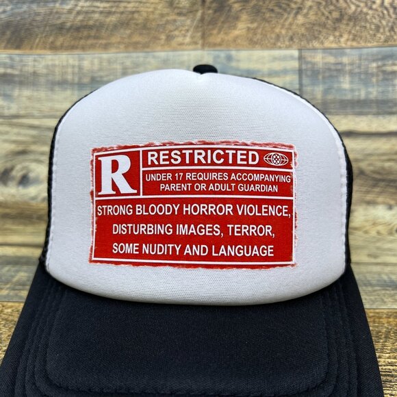 Rated R Mens Trucker Hat Black Snapback Horror Movie Halloween Throwback Cap - Picture 2 of 7